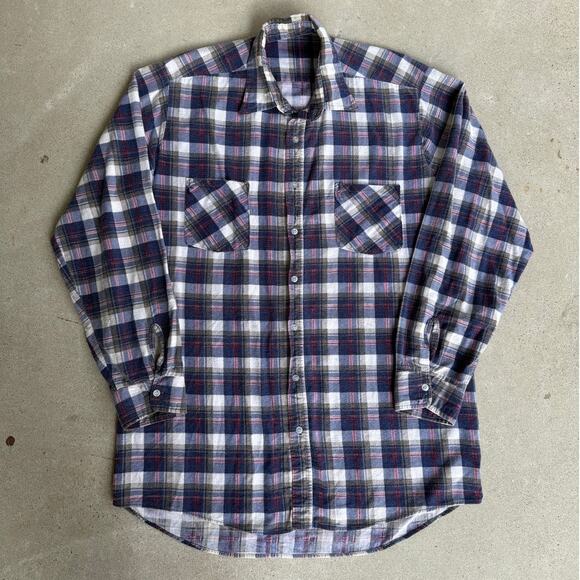 Vintage 80s Flannel Blue Red Western Two Pocket Made in USA Fits like Large - Picture 3 of 8